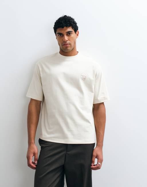 Selected heavyweight boxy fit t-shirt with brown surf back print in cream, 2 of 5