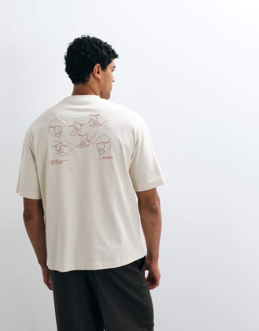 Selected heavyweight boxy fit t-shirt with brown surf back print in cream, 5 of 5