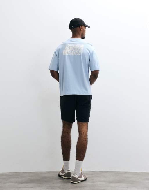 Selected heavyweight boxy fit T-shirt with cream shell back print in blue, 2 of 5
