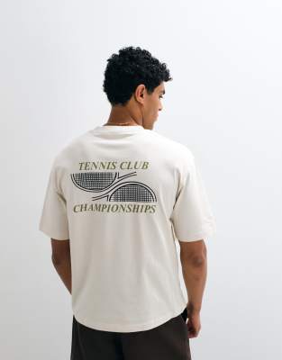 Selected Heavyweight Boxy Fit T-shirt With Green Tennis Club Backprint In White