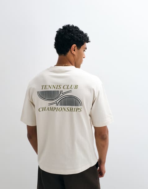 Selected heavyweight boxy fit T-shirt with green tennis club backprint in cream - view 1