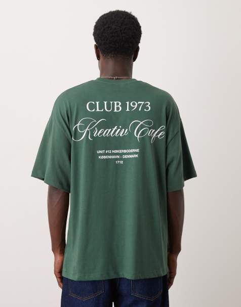 Selected heavyweight oversized t-shirt with club print in green - view 1