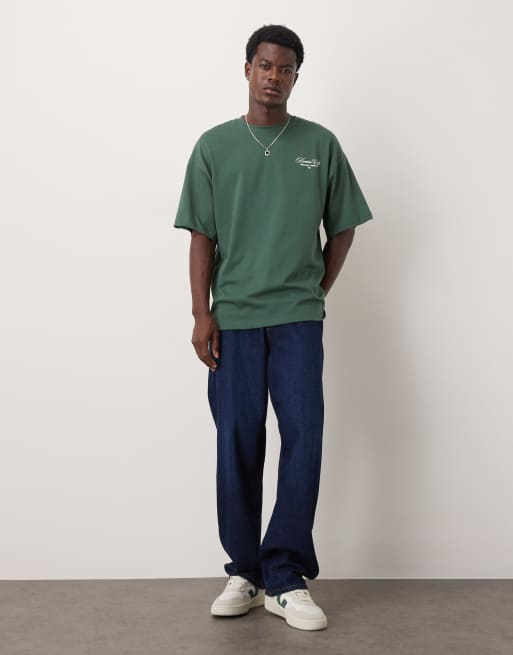 Selected heavyweight oversized t-shirt with club print in green, 2 of 5