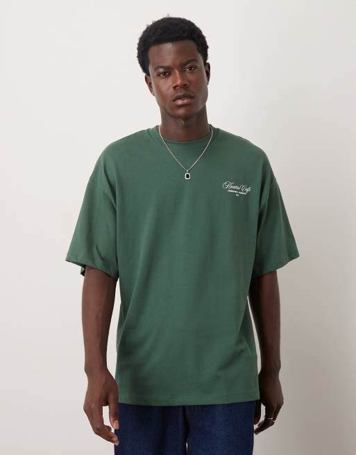 Selected heavyweight oversized t-shirt with club print in green, 3 of 5