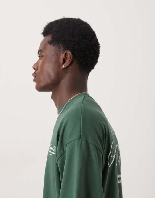 Selected heavyweight oversized t-shirt with club print in green, 4 of 5