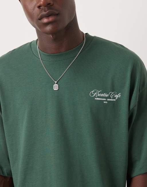 Selected heavyweight oversized t-shirt with club print in green, 5 of 5
