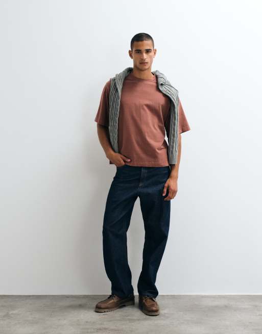 Selected heavyweight washed t-shirt in rust, 4 of 5