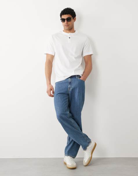 Selected - Henley T-shirt van zware stof met korte mouwen in wit - view 1