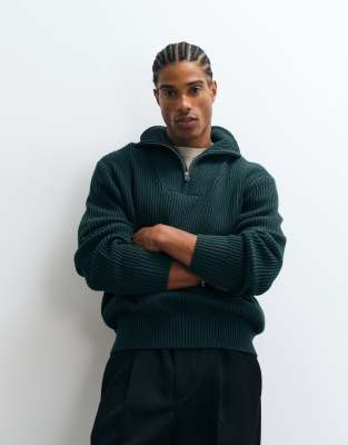 Selected High Neck 1/4 Zip Knit Sweater In Green