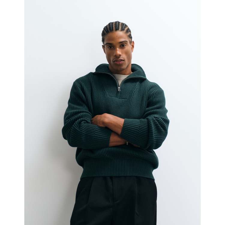 Selected high neck 1/4 zip knit sweater in forest green | ASOS