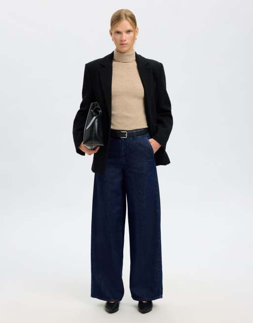 Selected high-waisted jeans in dark blue denim , 2 of 6