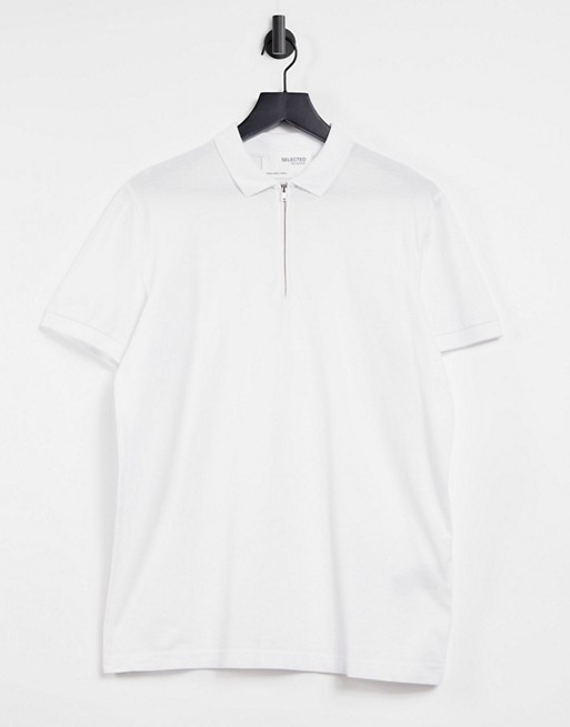 Selected Homme 1/4 zip polo in white