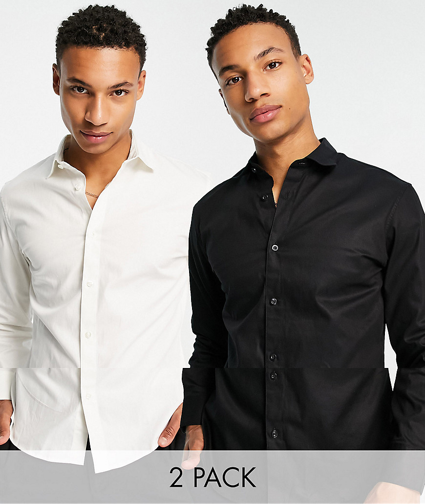 Selected Homme 2 pack slim fit poplin shirt in white & black-Multi