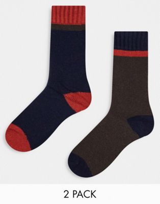 Selected Homme 2 pack wool socks in navy and red