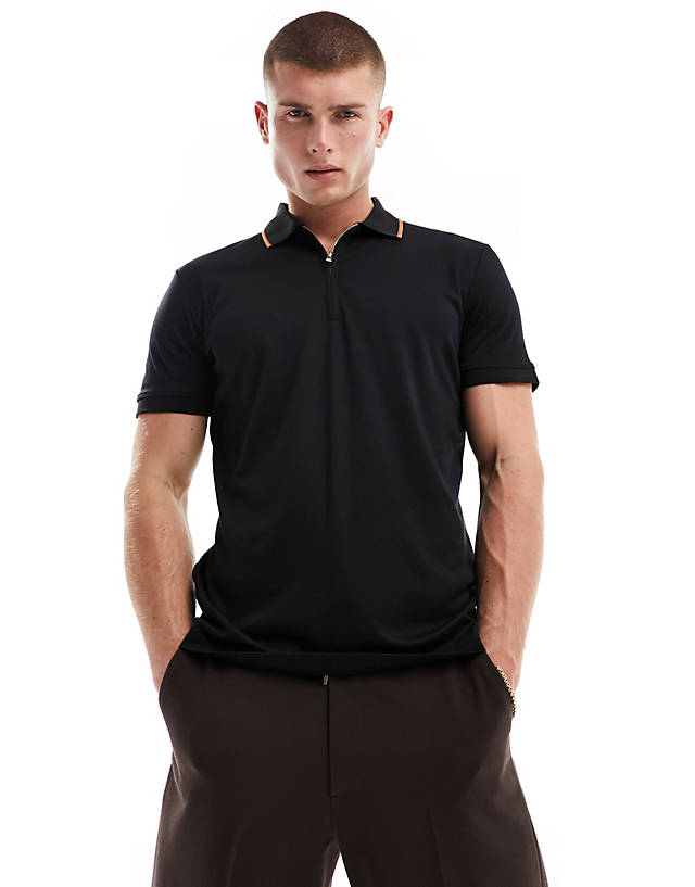 Selected Homme - 3/4 zip polo in black