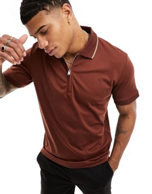 Selected Homme 3/4 zip polo in burgundy