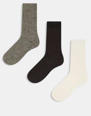 3 pack socks in cream brown white-Multi