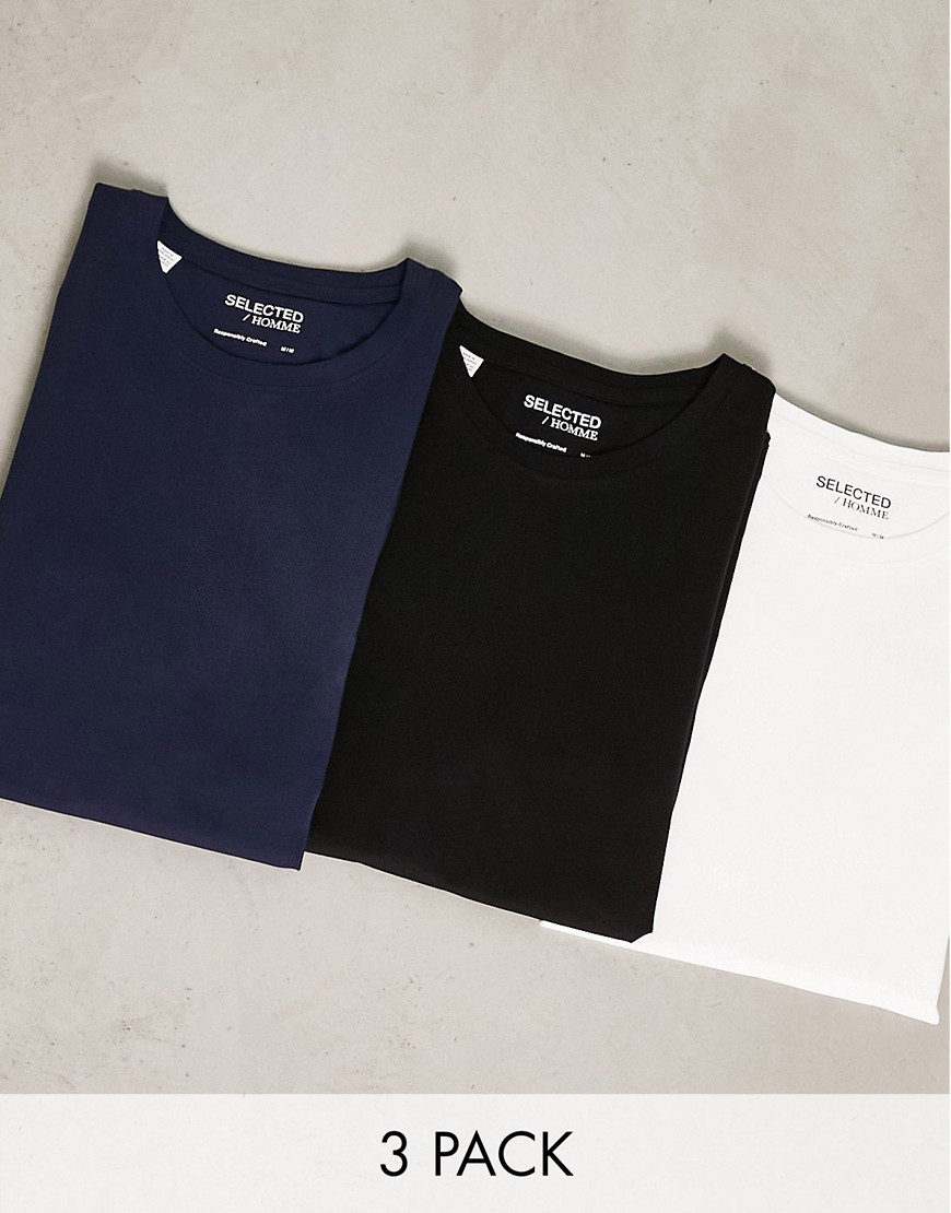 Selected Homme 3 pack T-shirt in white, black and navy-Multi