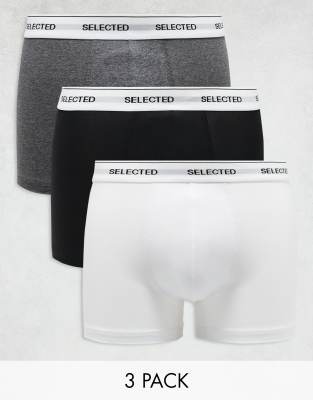 Selected Homme 3 pack trunks in black white grey with waistband