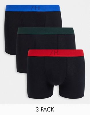 Selected Homme 3 pack trunks with logo colour waistbands in black