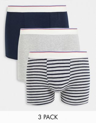Selected Homme 3 pack trunks with plain waistband in marl & stripe