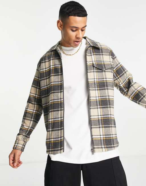 Selected Homme – Beige rutig overshirt med dragkedja