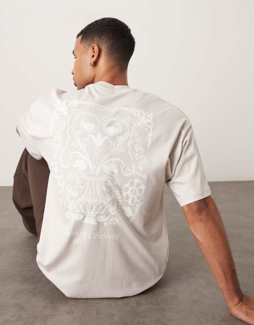 Selected Homme – Beige t-shirt i oversize med botaniskt tryck baktill