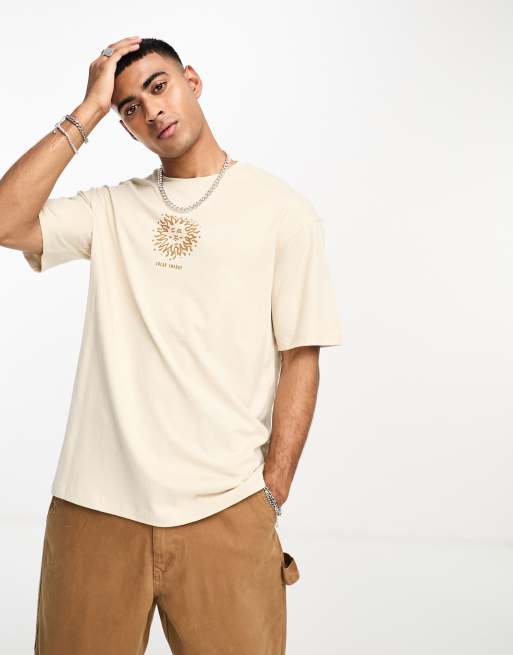 Selected Homme – Beige t-shirt i oversize med soltryck på bröstet