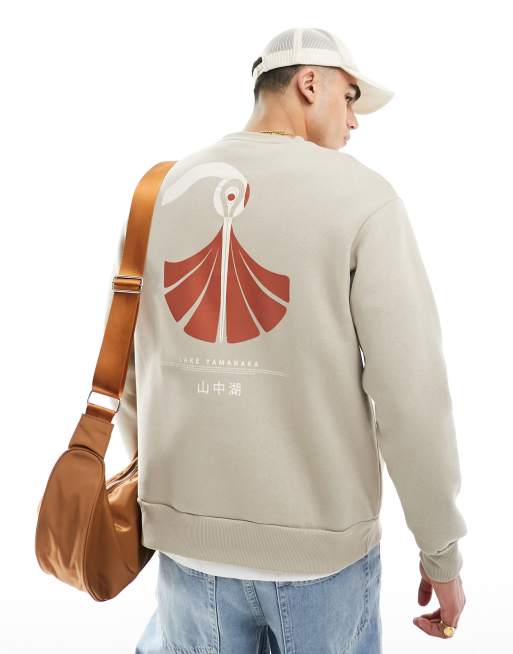 Selected Homme – Beżowa bluza dresowa z okrągłym dekoltem i nadrukiem z motywem ptaka na plecach