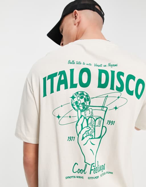 Selected Homme – Beżowy T-shirt oversize z nadrukiem disco na plecach