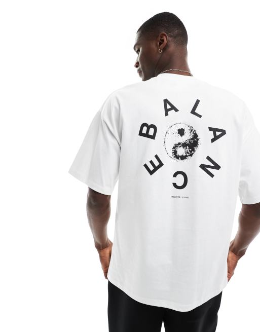 Selected Homme – Biały gruby T-shirt oversize z nadrukiem „Balance” na plecach