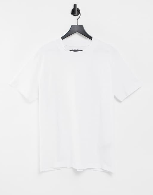 Selected Homme – Biały T-shirt o luźnym kroju z grubej bawełny