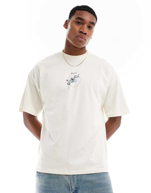 Selected Homme – Biały T-shirt oversize z botanicznym nadrukiem na piersi