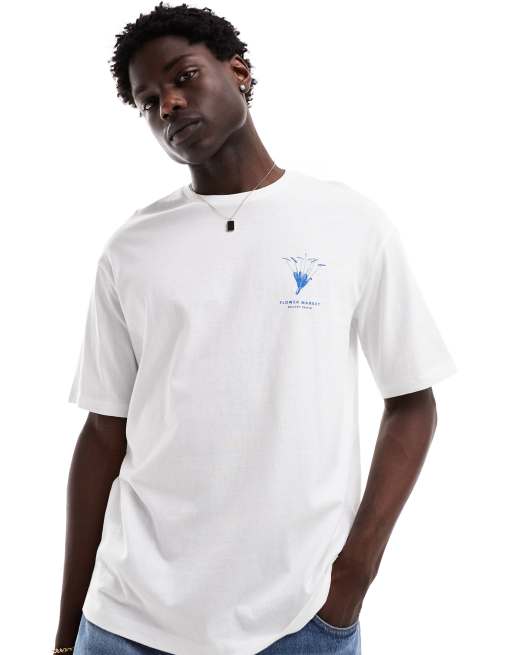 Selected Homme – Biały T-shirt oversize z botanicznym nadrukiem, 3 z 4