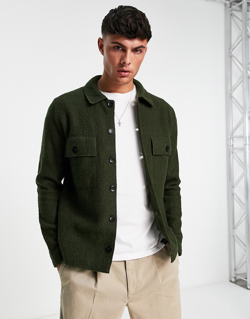 Selected Homme boiled wool overshirt in khaki-Green