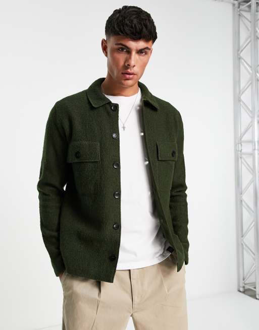 Selected Homme boiled wool overshirt in khaki | ASOS