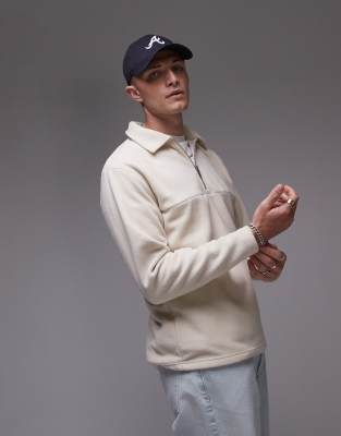 Selected Homme borg half zip polo shirt in cream-White