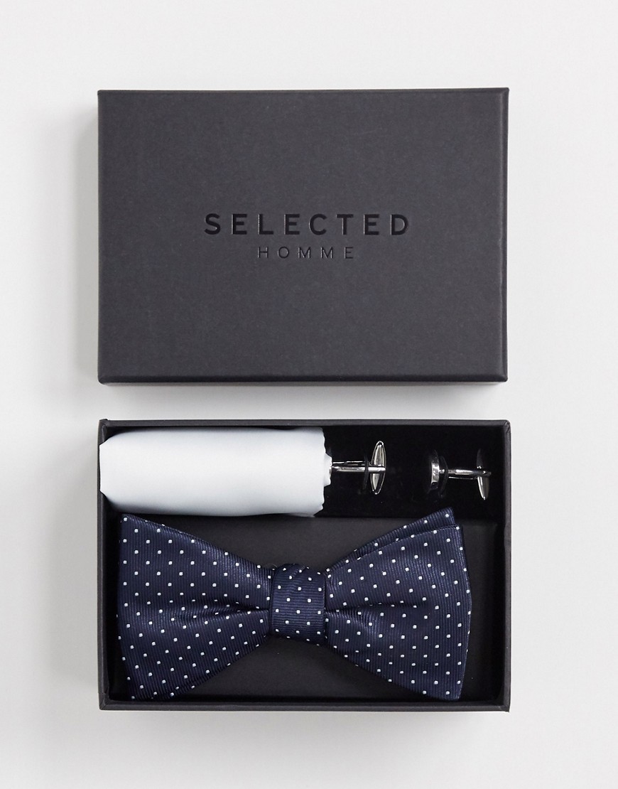 Selected Homme bowtie, pocket square and cufflinks gift set in navy