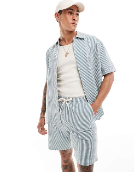 Selected Homme - Boxy gestreept overhemd van seersuckerstof in blauw 