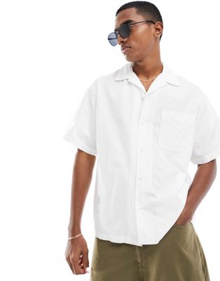 Selected Homme Boxy Oversized Revere Collar Seersucker Shirt In White