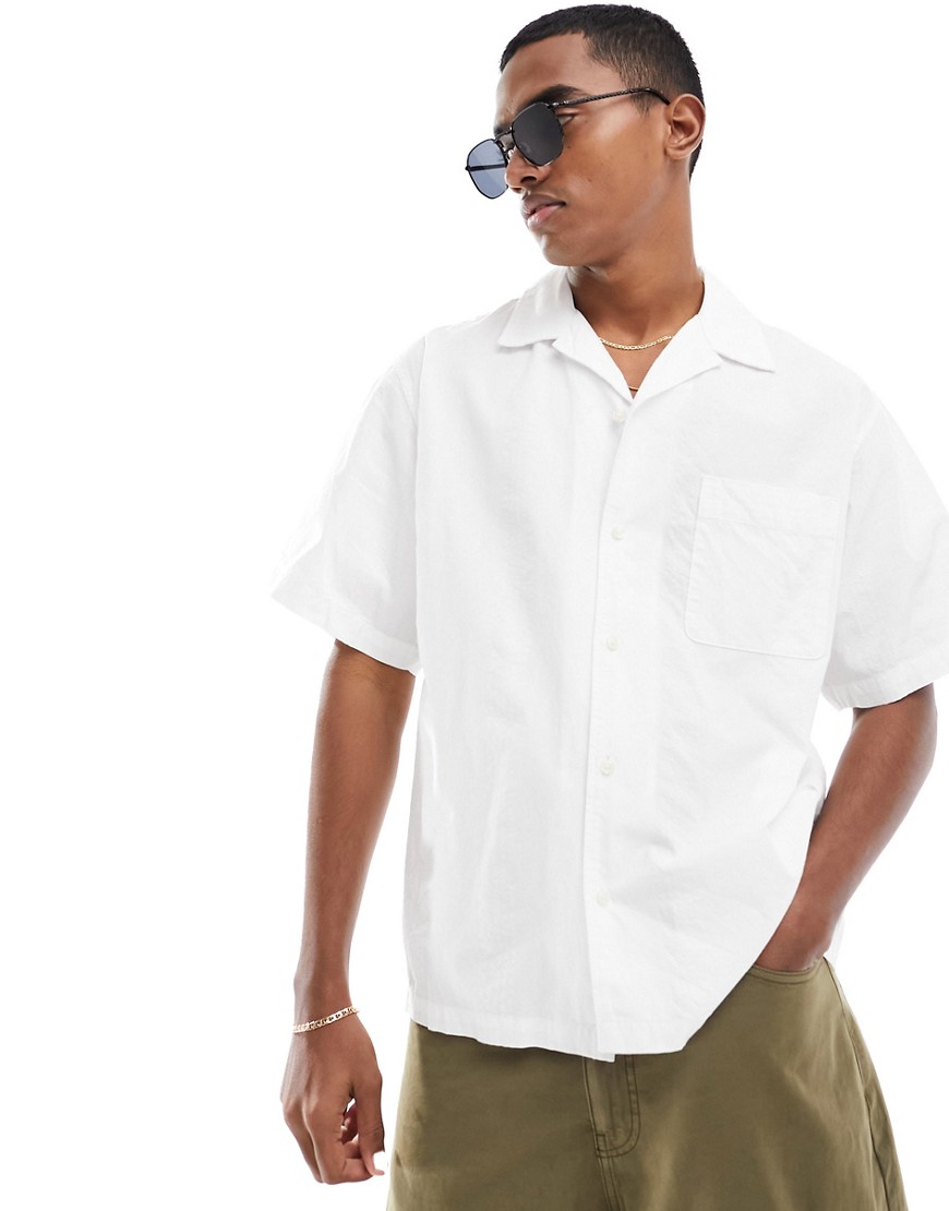 Selected Homme boxy oversized revere collar seersucker shirt in white