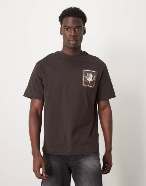Selected Homme – Brązowy T-shirt oversize z nadrukiem kwiatu na piersi - view 1