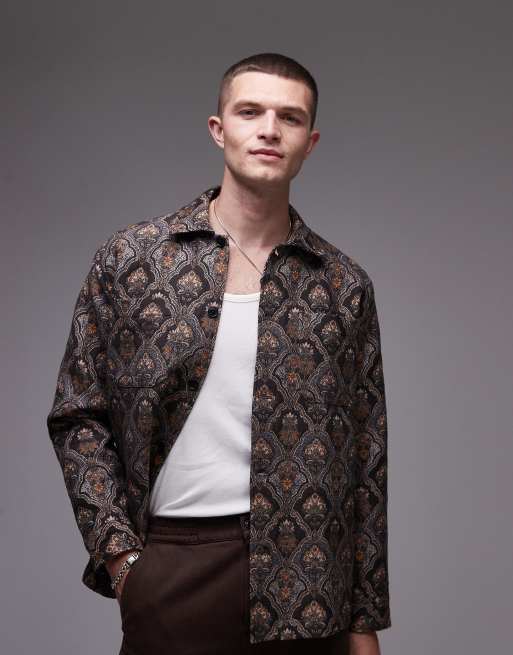 Selected Homme – Brun overshirt med jacquardmönster