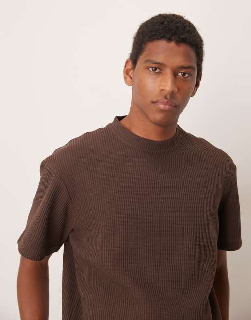 Selected Homme – Brun, våffelstrukturerad t-shirt i oversize, del av set 