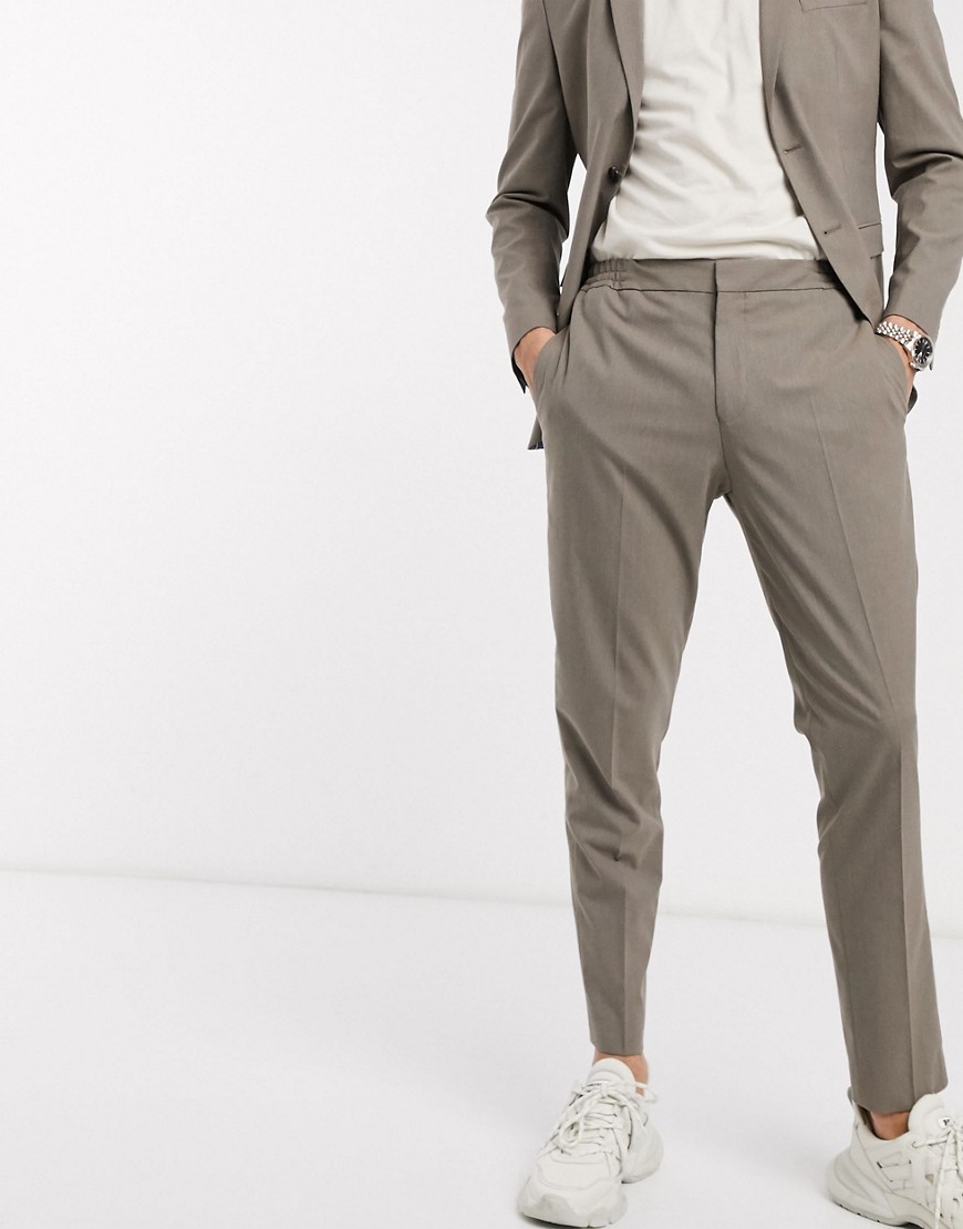 Selected Homme – Brungrå avsmalnande kostymbyxor med smal passform och elastisk midja-Beige