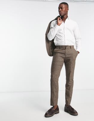 Selected Homme – Brunrutiga kostymbyxor i ullmix med smal passform - view 1