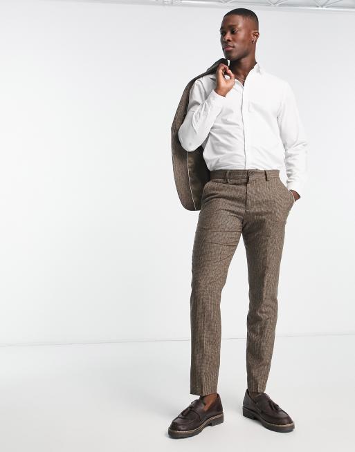 Selected Homme – Brunrutiga kostymbyxor i ullmix med smal passform 