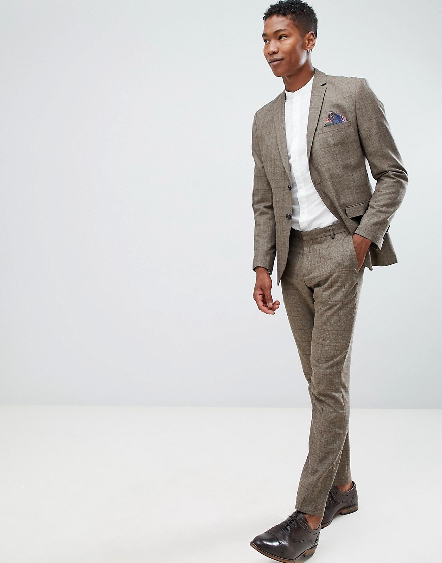 Selected Homme - Brunrutiga kostymbyxor med smal passform