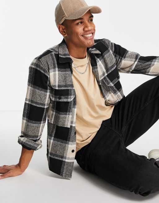 Selected Homme brushed check overshirt in beige