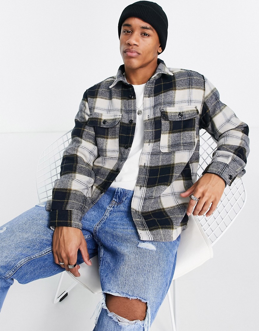 Selected Homme brushed check overshirt in navy and beige-Multi